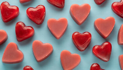 Fototapeta premium Full frame composition of red heart shaped soap arranged in order on light blue pastel background. Love, Valentine s day
