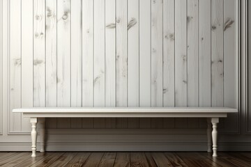 Fototapeta na wymiar Elegant white wooden bench near panelled wall interior