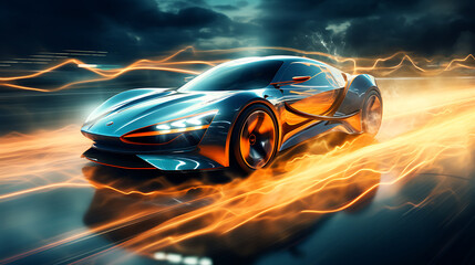 The acceleration of an electric sports car. - obrazy, fototapety, plakaty