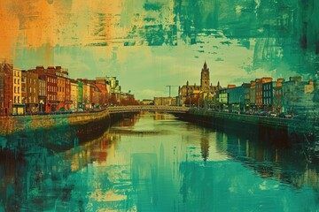 Vintage style view of Dublin Ireland with Liffey river illustration - obrazy, fototapety, plakaty
