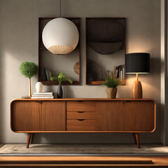 Interior design of modern living room dresser and shelves covered, flower vase. generative AI