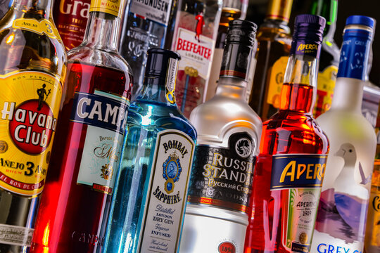 Bottles of assorted global hard  liquor brands in a bar