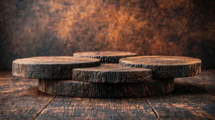 Rustic wood podium display for food, perfume, jewellery and cosmetic products on dark brown background. Front view. : Generative AI