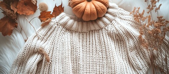 Autumn-themed flat lay with cozy sweater, pumpkin, and dried leaves representing fall's slow living.