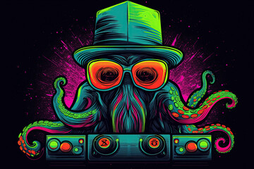 Octopus DJ with a vinyl disc and a player in neon color. An illustration of Generative AI isolated on a black background.