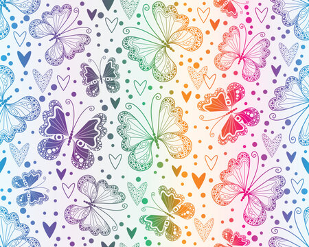 Vector seamless rainbow valentines colorful pattern with hearts and dotty butterflies in doodle style on a white background