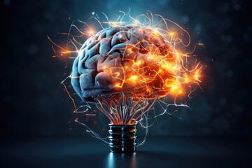 Human brain light bulb energy with fire, long-term memory, information storage, short-term memory, mind processing informations and stimuli, brain's neurons fire, deep learning and remembering process - obrazy, fototapety, plakaty