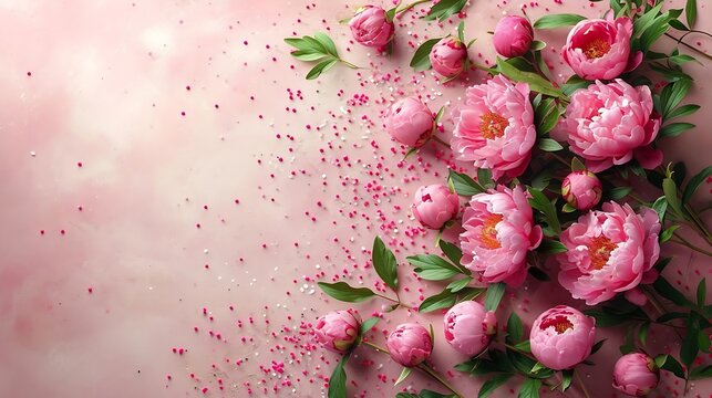 Women's Day concept. Top view photo of pink peony rose buds and sprinkles on isolated pastel pink background with copyspace : Generative AI