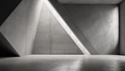 abstract empty modern concrete room with abstract random polygon triangle wall indirect lighting from left side wall and rough floor industrial interior background template