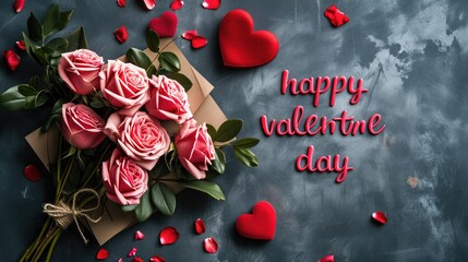 Valentine's day greeting card with pink roses bouquet and red heart on grey grunge background, top view, generative ai