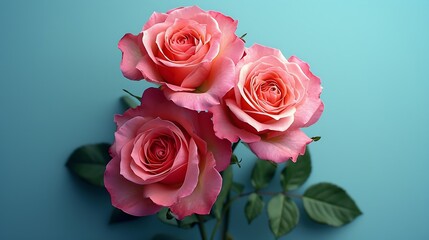 Pink roses on a light blue background. Mother's day, Valentines Day, Birthday celebration concept. Greeting card. Copy space for text, top view : Generative AI