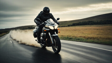 Fototapeta na wymiar A motorcycle rider speeding on a road with super bike