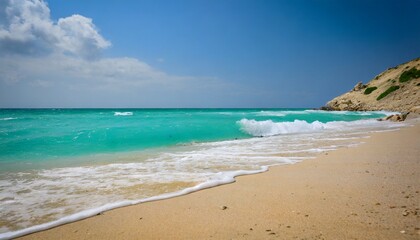 Fototapeta na wymiar closeup of sandy beach with turquoise sea and sky background high quality photo