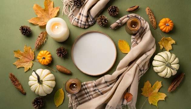 enchanting fall aesthetic concept top view photo of candles warm cashmere plaid acorns pumpkins maple leaves on olive background with blank circle for promo or message