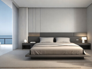 Modern interior bedroom, minimalist style, stucco wall, 3d render, Generative AI