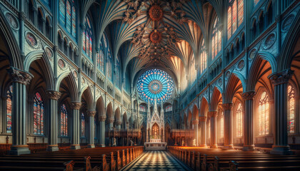 Majestic Gothic Cathedral Interior with Stained Glass and Vaulted Ceilings - obrazy, fototapety, plakaty