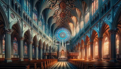Fotobehang Majestic Gothic Cathedral Interior with Stained Glass and Vaulted Ceilings © Miva