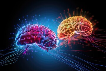 Fototapeta premium Love Neurochemistry colored glowing neon brain amorous emotion. Vasopressin, norepinephrine, cortisol, cuddle hormone adrenaline, adds warmth. Adoration, amour, fondness neurochemical hues love canvas