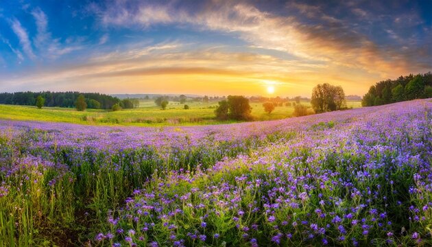 beautiful panorama rural landscape with sunrise and blossoming meadow purple flowers flowering on spring field phacelia