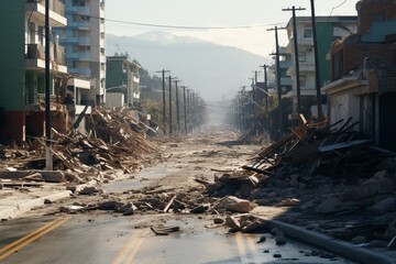 The aftermath of a natural disaster, an earthquake, is depicted vividly.