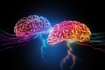 Obraz premium Love Neurochemistry colored glowing neon brain amorous emotion. Vasopressin, norepinephrine, cortisol, cuddle hormone adrenaline, adds warmth. Adoration, amour, fondness neurochemical hues love canvas