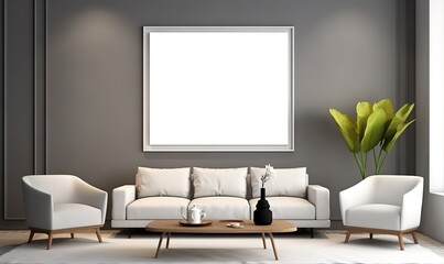 A modern home interior design with an empty white frame attached to the wall and a sofa in front of it. generative AI