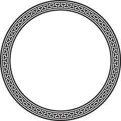 Vector black round monochrome frame, border, classic greek meander ornament. Patterned circle, ring of Ancient Greece and the Roman Empire..