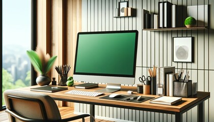Stylish home office setup with a computer having a green screen