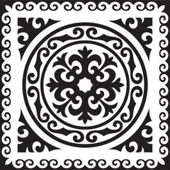 Vector black monochrome square Kazakh national ornament. Ethnic pattern of the peoples of the Great Steppe, Mongols, Kyrgyz, Kalmyks, Buryats..