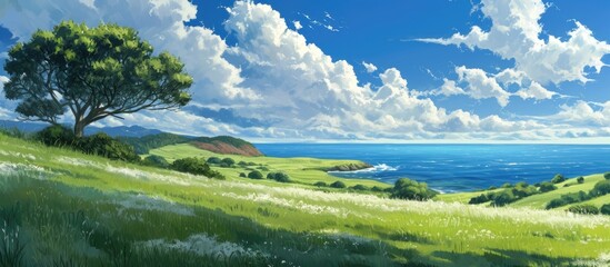Peaceful scene featuring serene ocean, verdant fields, and unobstructed heavens.