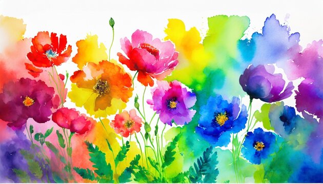 multicolored watercolor gradient rainbow flowers on a white background peonies poppies summer painting generative ai