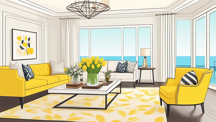 Modern interior of living room with big window, vector