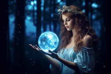 Naklejka premium Beautiful girl on a night with a magic ball. Astrology and Zodiac Concept. Generative Ai.
