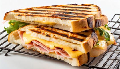 cut cheese and ham toasted panini melt with grill marks on white background