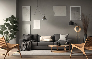 interior design of modern living room with chair, sofa, cushions, coffee table. Generative AI