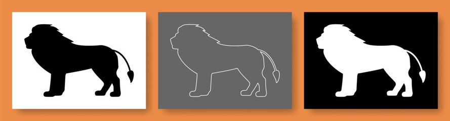 A lion vector illustration set. Lion, picture, outline, silhouette, linear. Isolated collection of contemporary art.