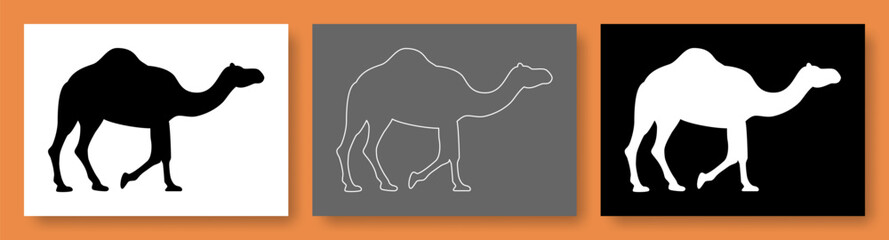 Camel vector illustration set. Camel, picture, outline, silhouette, linear. Isolated collection of contemporary art.