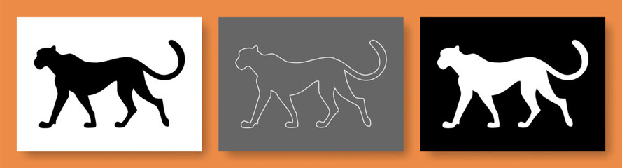 Cheetah vector illustration set. Guepard, picture, outline, silhouette, linear. Isolated collection of contemporary art.