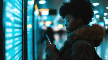 Young woman african american in international airport, using mobile smartphone and checking flight at the flight information board, Tourist journey trip concept, generative ai