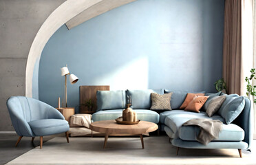 Fototapeta na wymiar interior design of modern living room with chair, sofa, cushions, coffee table. Generative AI