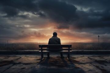 Solitary figure standing forlornly on a desolate bench.