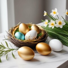 Nest with Easter colorful eggs and grass against a background of spring flowers and a stylish modern interior.
