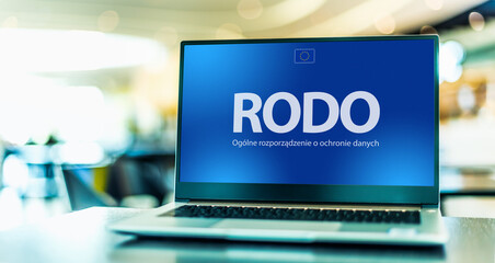 Laptop computer displaying the sign of RODO