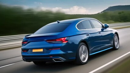 A blue sports car speeds down the track at the speed of light somewhere high in the mountains. Generative AI