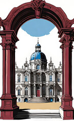 Fototapeta na wymiar Vector color illustration, beautiful palace, architectural landmark of the 16th-18th century, isolated on a white background, graphic ink drawing. 