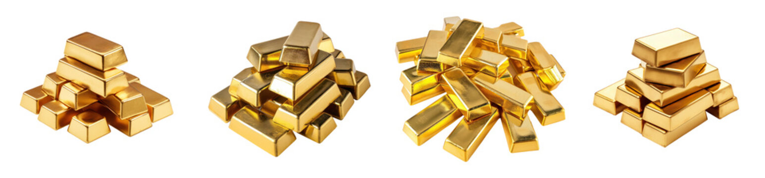 Set of gold bars , piles of gold lingots on transparent background