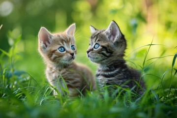 Naklejka na ściany i meble Two cute kittens standing in green grass.