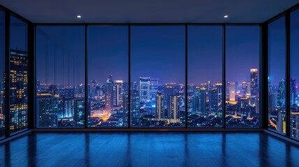 An empty room in a skyscraper and a view of the night city. Beautiful expensive property with a...