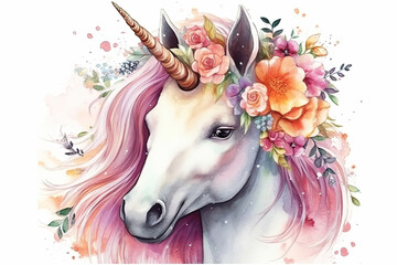Unicorn with a wreath of flowers. White Horse. Watercolor. Generative AI Illustration. isolated.