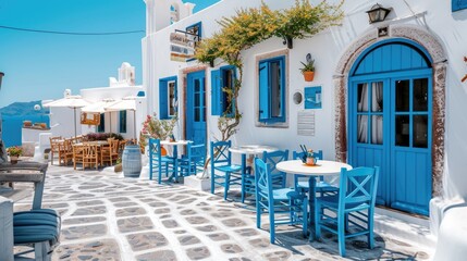 Greek culture with traditional white and blue greek architecture, taverna - obrazy, fototapety, plakaty